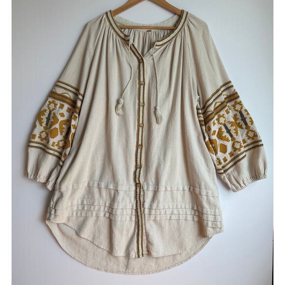 Free People Dresses & Skirts - Free People Embroidered Sleeve Hippie Boho Oversized Cotton Midi Dress Tunic